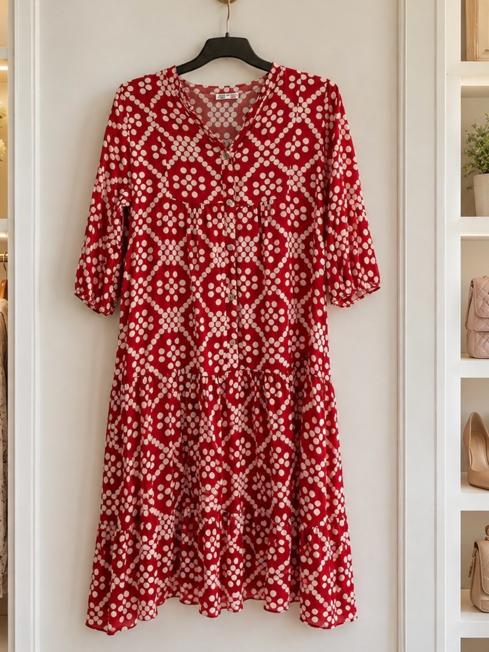 Red Polka Dot Tiered Midi Dress - Unbranded